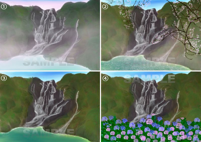 糸島八景画　白糸の滝　4枚セット